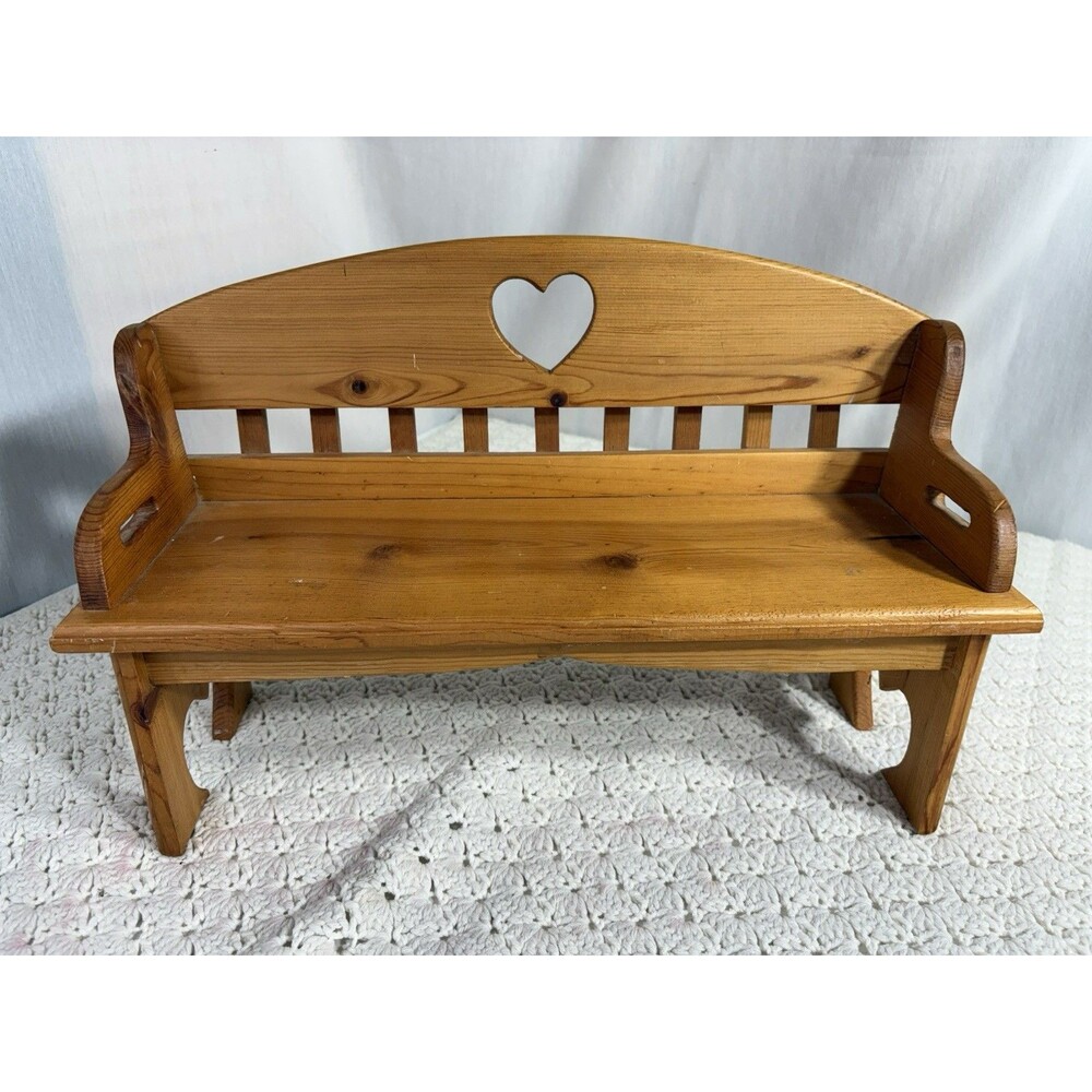 Vtg Handmade Wooden Bench w/ Heart Cutouts 17” x 6” x 11” Tall for Dolls & Bears